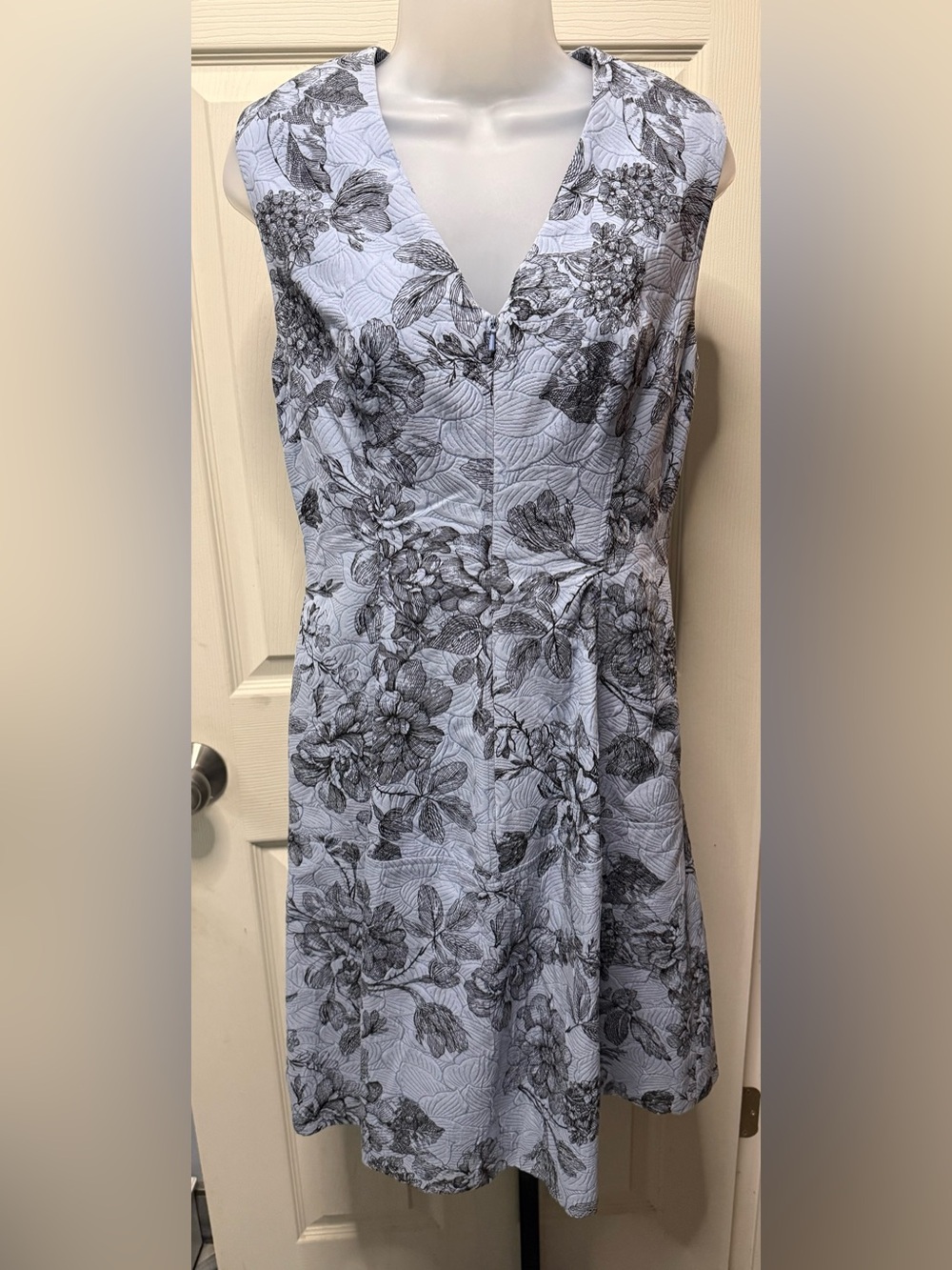 Lela Rose Blue with a Black Floral Print V-Neck Dress
